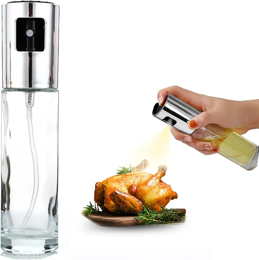 T TOVIA Oil Sprayer for Cooking, Olive Oil Sprayer, 100ml Cooking Oil Spray Bottle for Air Fryer, Frying Steak, Salad & Barbecue (Silver)