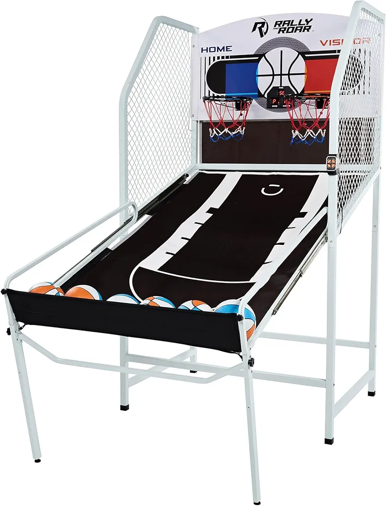Arcade Cage Basketball Game, Foldable Indoor Outdoor Sports Machine for 2 Players with Steel Hoops, LED Scorer, and 6 Balls, Multicolor