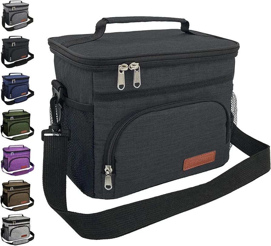 ExtraCharm Insulated Lunch Bag for Women/Men - Reusable Lunch Box for Office Picnic Hiking Beach - Leakproof Cooler Tote Bag Organizer with Adjustable Shoulder Strap for Adults - Black