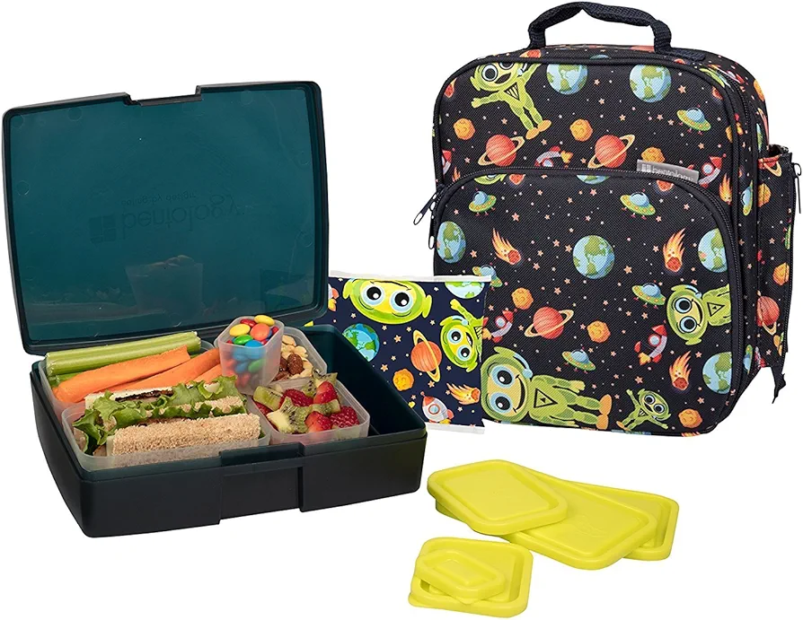 Bentology Lunch Bag and Box Set for Boys, 9 Pieces Total - Kids Insulated Lunchbox Tote, Bento Box, 5 Containers and Ice Pack - Alien