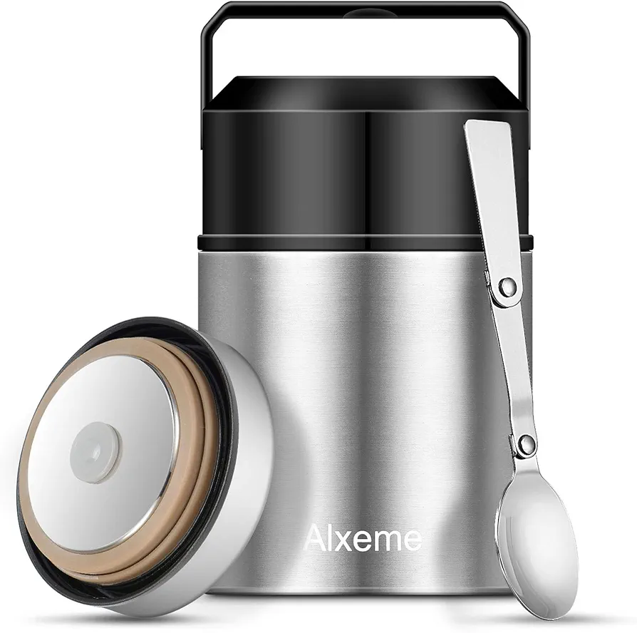 Food Jar Insulated Lunch Container Bento Box for Cold Hot Food 27oz Food Flask Wide Mouth Stainless Steel Vacuum Lunch Box for Kids Adult with Spoon Flexible Handle Leak Proof – Silver