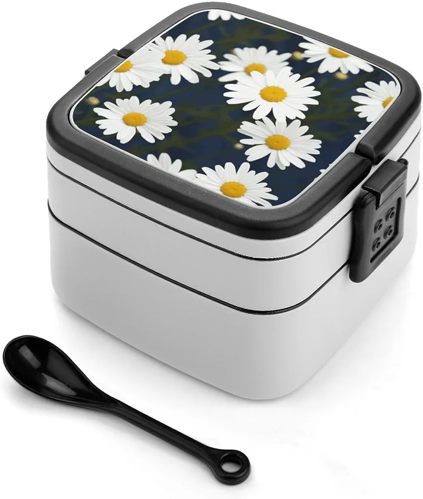 Bento Box Stackable Lunch Box with 2 Compartments Leak-Proof Food Storage Containers Flowers Daisy Bento Lunch Box for Adults Lunch Containers with Utensil Set, Black