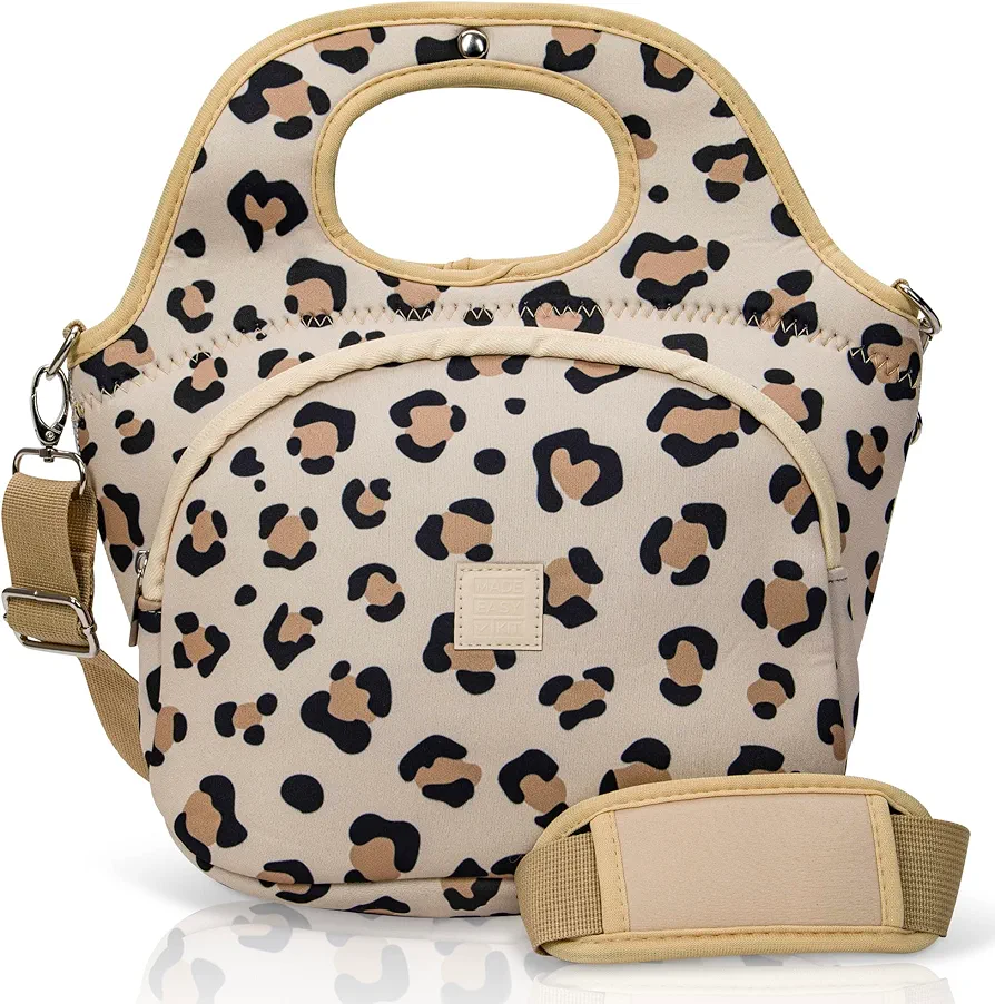 Made Easy Kit Large Insulated Lunch Tote Carrier for Women Men with Front Zipper Pocket, Soft Lightweight, Travel Ready with Padded Shoulder Strap & Magnetic Clasp Handle (Cheetah, Large)