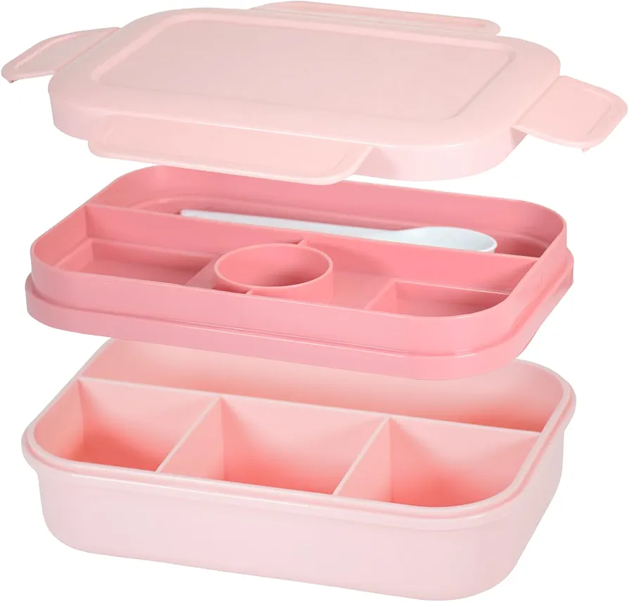 Stackable Bento Lunch Box 8 Compartment Dual Layer Food Storage Container with Utensil Set Leak-Proof Food Grade Salad Sandwich Box for Work Traveling Camping,Pink