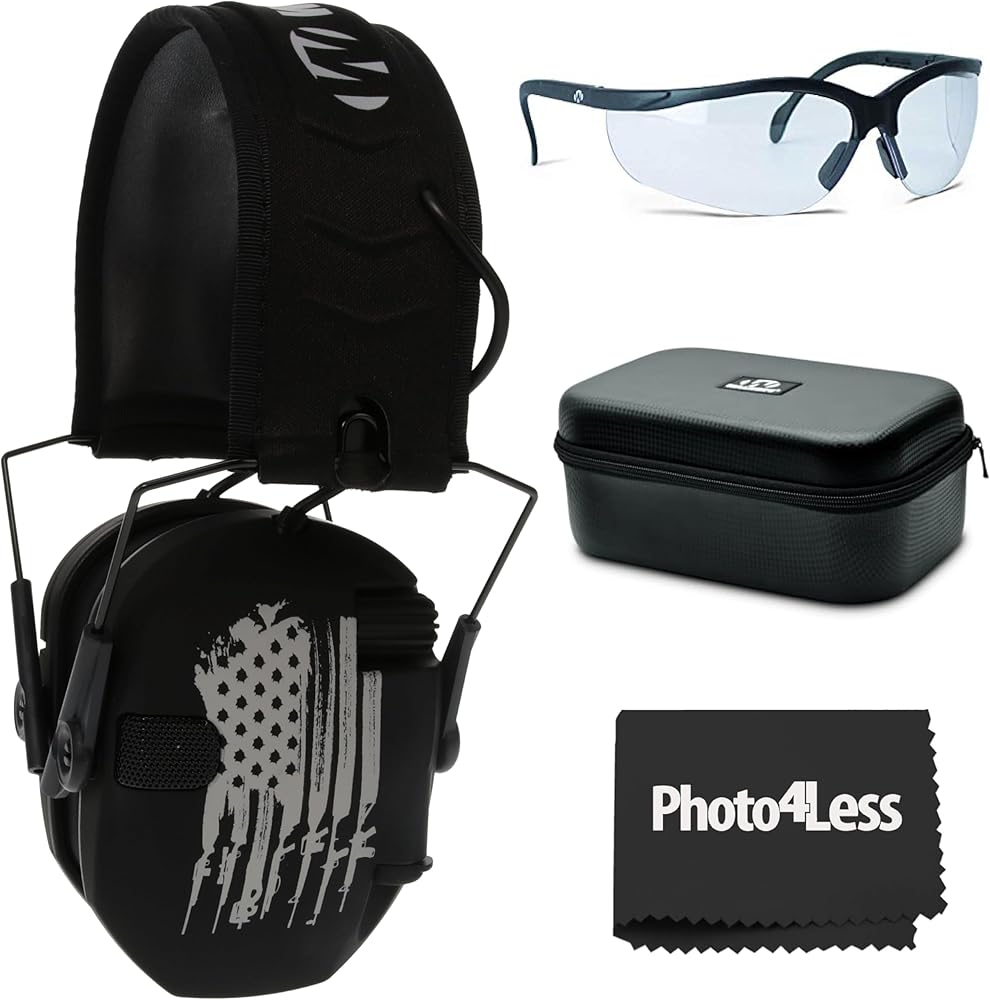 Walker's Razor Freedom Series US Flag Electronic Earmuffs Bundle Game Ear Sport Glasses - Clear Lens, Weather-Resistant Storage Case, ‎One Size, Black