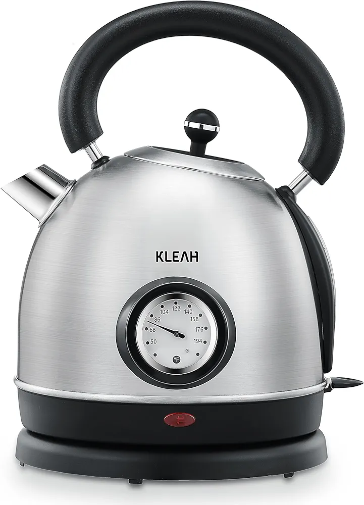 Retro Electric Water Kettle 1.8L Stainless Steel for Boiling Water with Temperature Gauge, Visible Water Level Line, Led Light, Auto Shut-Off & Boil-Dry Protection, 1500W Fast Heating