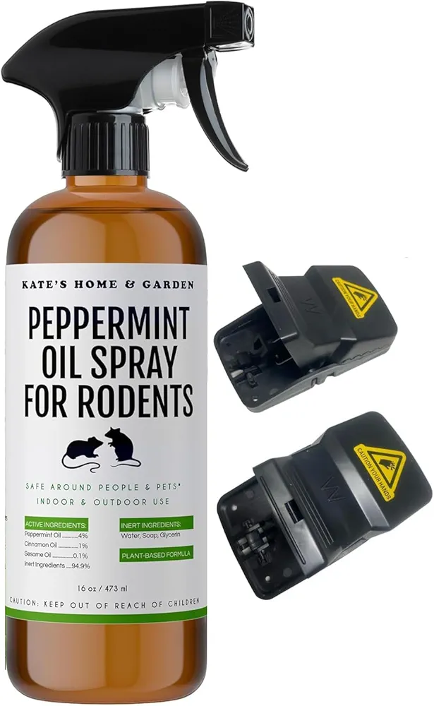 Kate's Home & Garden Peppermint Oil Spray for Rodents, Bats, Squirrels, Mice with Snap Traps. Rodent Repellent Indoor Car Engines & Outdoor (16oz)