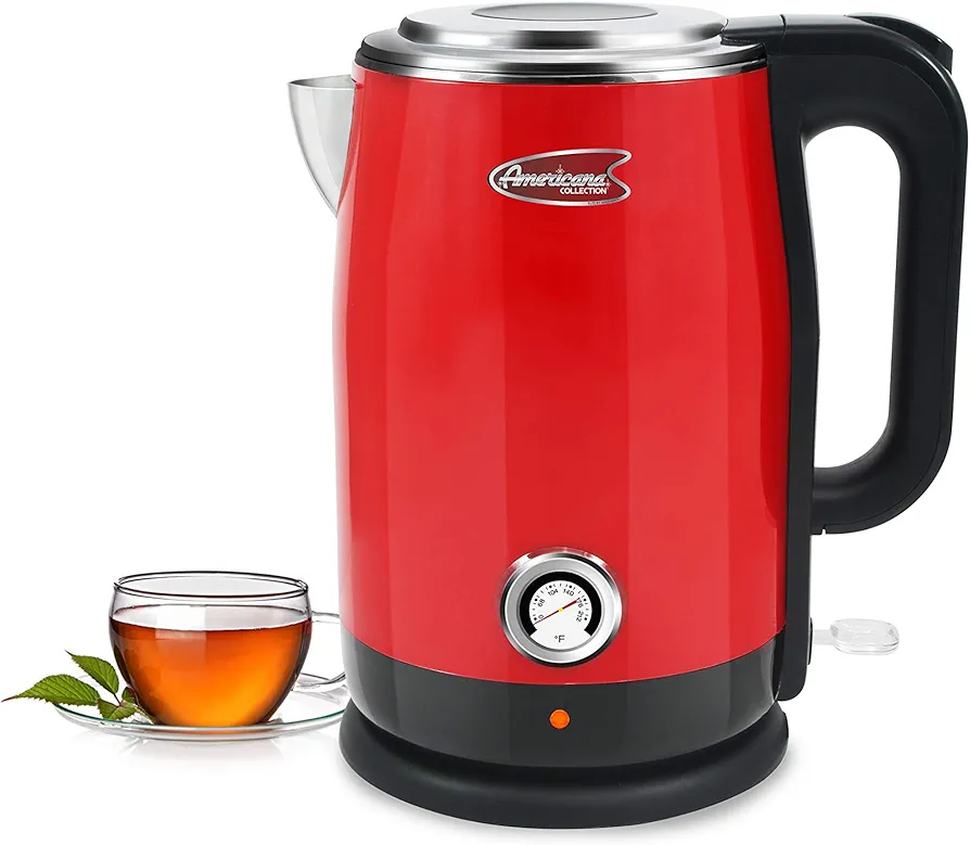 Elite Gourmet Americana EKT-1780R Retro Nostalgic Temperature Gauge Double Wall Insulated Cool Touch Electric Water Tea Kettle, BPA Free Stainless Steel Interior and Auto Shut-Off,