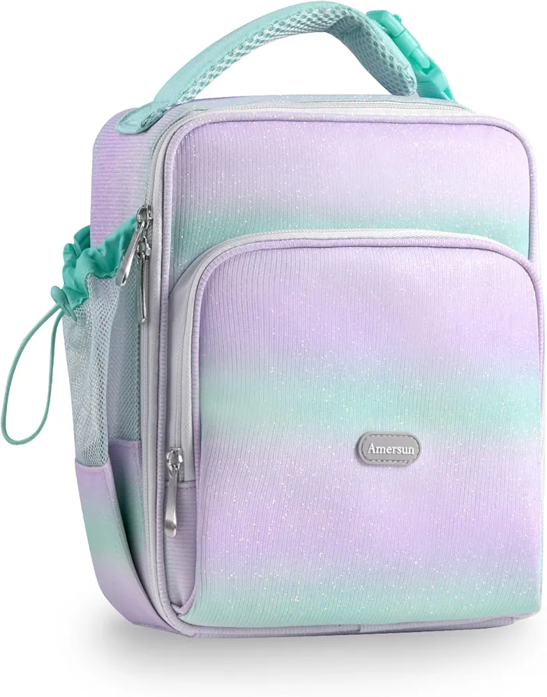 Amersun Kids Lunch Bag with Water Bottle Holder & Snacks Multi-Pocket for School, Water-resistant & Insulated Lunch Box for Kids, Children, Boys, Girls(Light Blue)