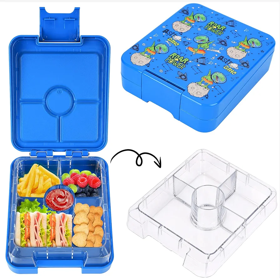 Kids Leak-Proof Bento Lunch Box with 4 Compartments Removable Tritan Tray, Lunch Containers for Kids to School, BPA-Free, Dishwasher Safe, Food-Safe Materials,Blue-Tyrannosaurus rex