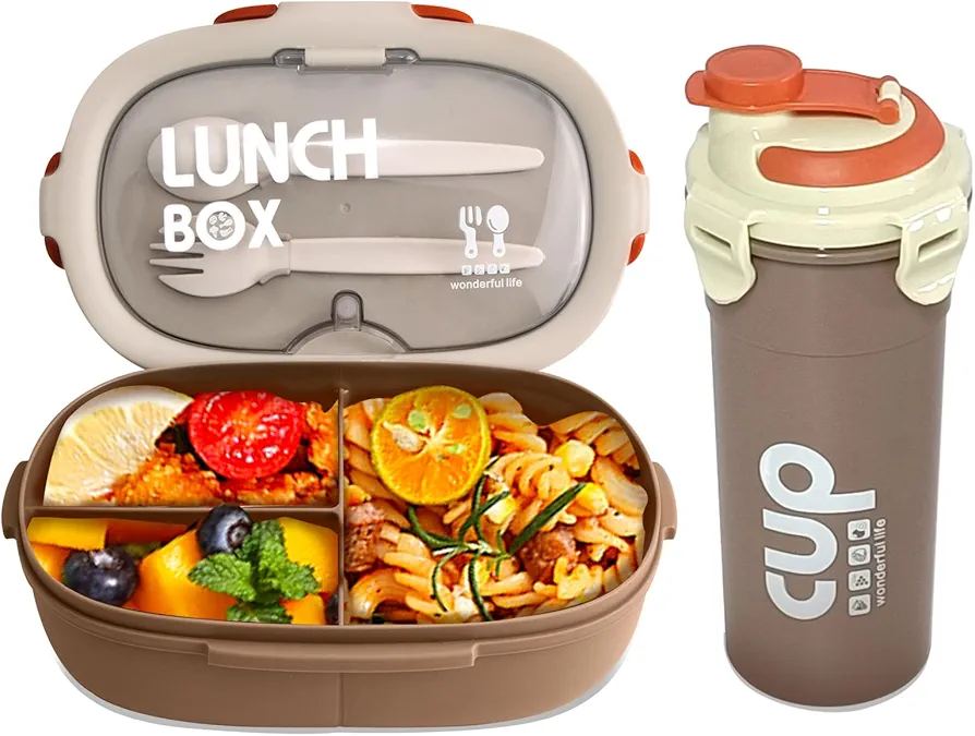 2 Pack Set Bento Box（29oz）and Water Bottle（16oz）for Kids/Adult, Bento Lunch Box with 3 Compartments and Utensils, Leak-Proof, Microwave/Dishwasher Safe, BPA-Free Lunch Containers for Kids