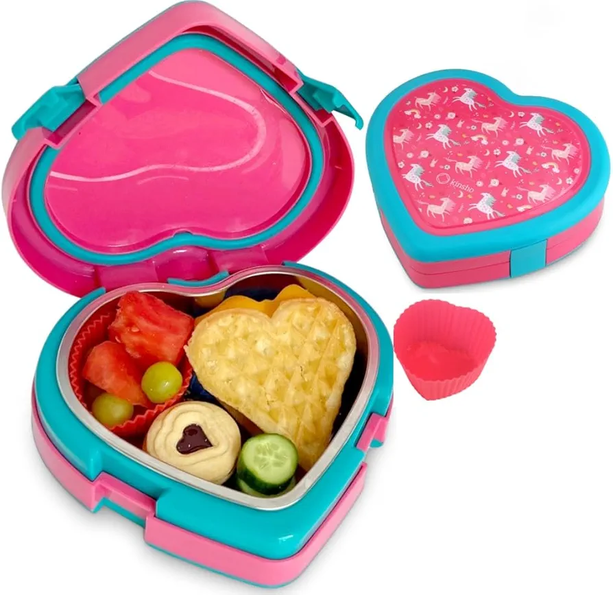 kinsho Unicorn Stainless Steel Lunch Box for Toddler Girls with Plate, Silicone Cup, Spill-Proof Bento Snack Container for Daycare, Pre-School Meal Containers, Pink Heart