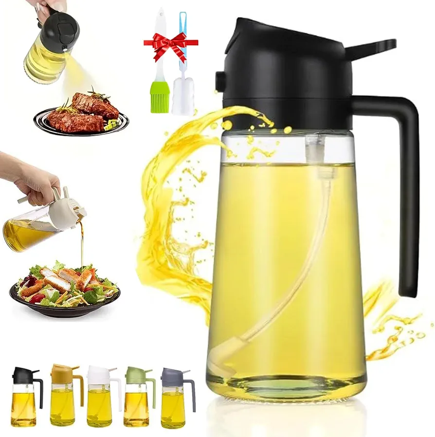 Evermire Two in One Oil Dispenser, 2 In 1 Oil Dispenser And Oil Sprayer, Oil Sprayer for Cooking, Oil Dispenser for Kitchen Spray, 2 in 1 Glass Oil Sprayer & Dispenser Bottle for Olive (Black,470ml)