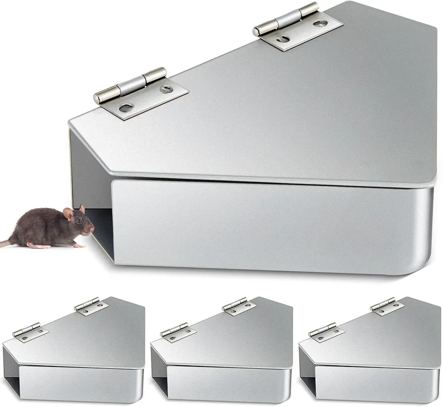Qualirey 4 Pcs Mouse Station Carbon Steel Mice Bait Station Waterproof Mice Stations Outdoor Metal Mice Trap Bait Box, Keeps Children and Pets Safe Indoor & Outdoor, Bait Not Included, Silver