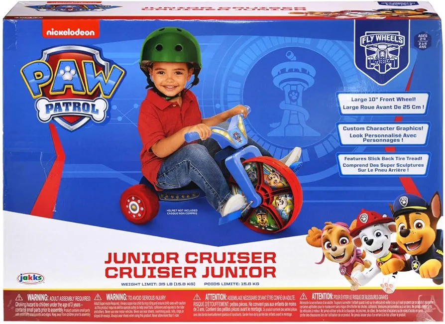 Disney Paw Patrol Fly Wheels Junior Cruiser Ride On - Paw Patrol Kids Tricycle with Character Graphics Featuring Chase, Rubble, Skye, Paw Patrol Tricycle with 10-Inch Front Wheel - for Ages 2 to 4
