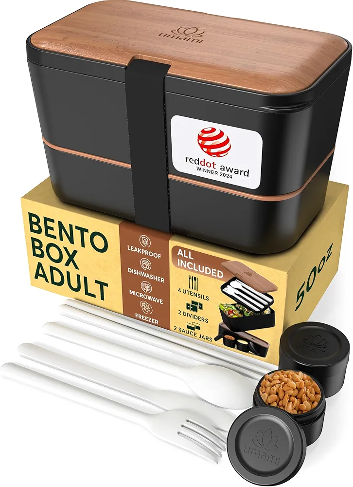 Umami Premium Bento Box Adult, Red Dot Design Award Winner, Space-Saving Nestable Design w/ 4 Utensils, 2 Sauce Jars, 100% Leakproof, Microwavable Lunch Containers for Adults