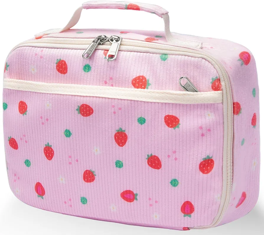 Kids Lunch Box for Girls Boys Insulated Lunch Bag Reusable Cooler Lunch Box for Toddler Child School Daycare Picnic (Corduroy Strawberry Pink)