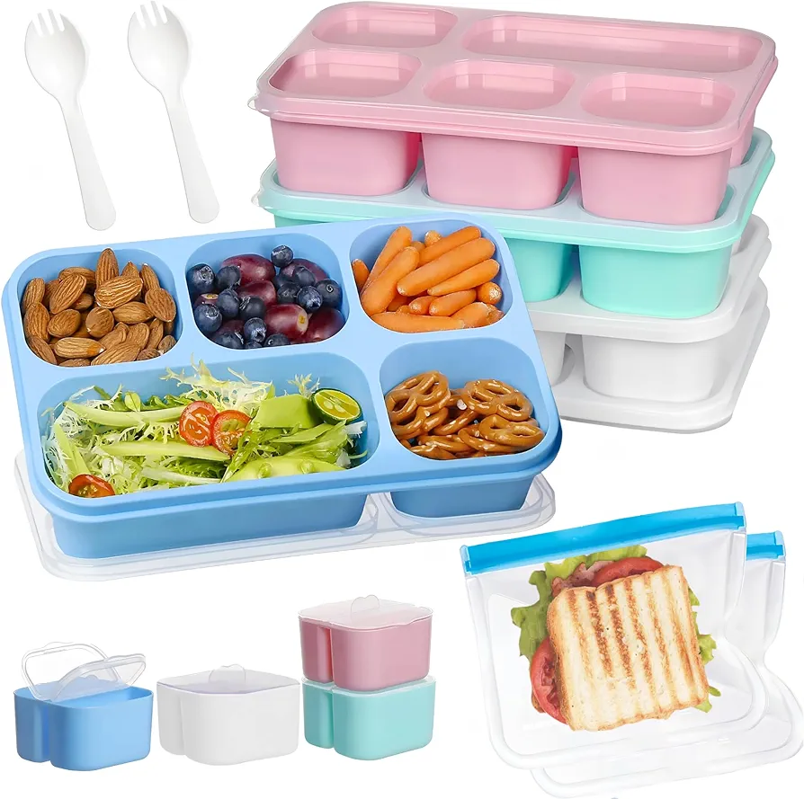 MUGA Snack Box Containers - 4 Pack Bento Lunch Box for Adult & Kids, 5 Compartment Adult Lunchable Containers with Utensils, 4 Sauce Jar & 2 Bags Reusable. Bento Box DISHWASHER & MICROWAVE SAFE.