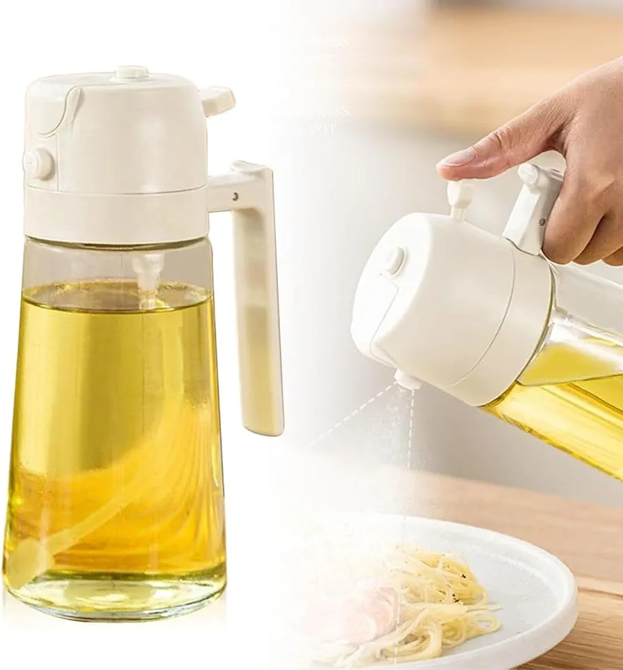 Cooking Oil Sprayer 2 in 1 Oil Dispenser for Kitchen Olive Oil Dispenser Bottle 16oz/470ml Glass Oil Bottle with Nozzle Oil Sprayer for Cooking Oil Brush for Air Fryer, Salad, Kitchen Baking (white)