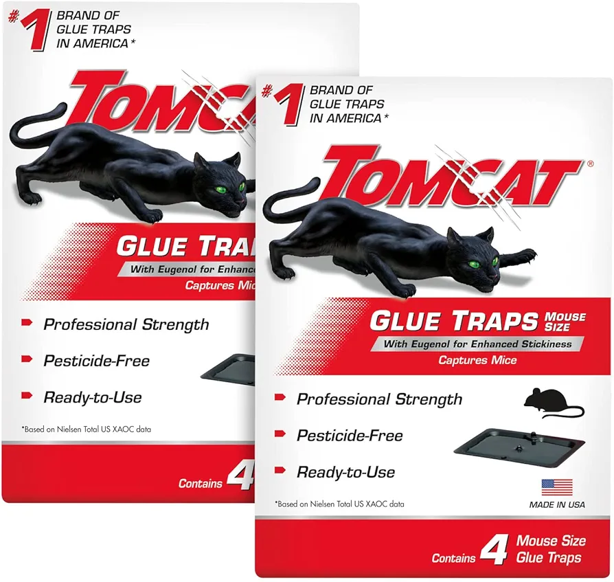 Tomcat Mouse Trap with Immediate Grip Glue for Mice, Cockroaches, and Spiders, Ready-to-Use, 2-Pack (8 Glue Traps)