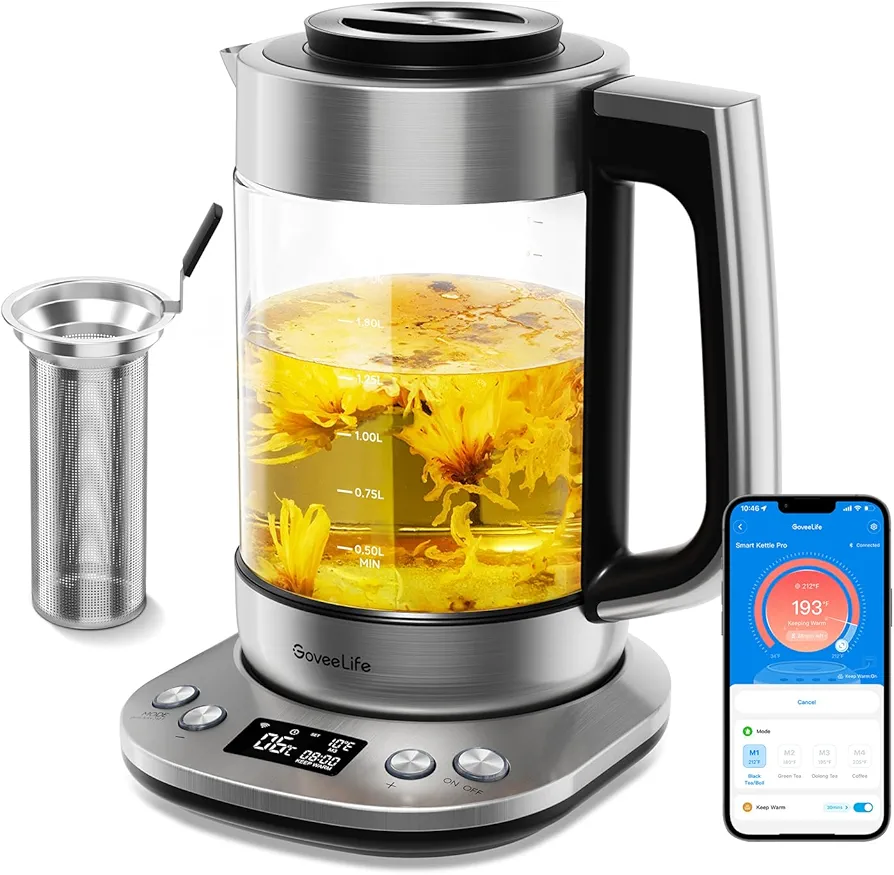 GoveeLife Smart Electric Kettle with Tea Infuser for Loose Leaf Tea, 1.7 L Electric Tea Kettle with Brewing Program, Variable Temperature Control, 2 H Keep Warm & Auto Shut off, BPA Free, Sliver