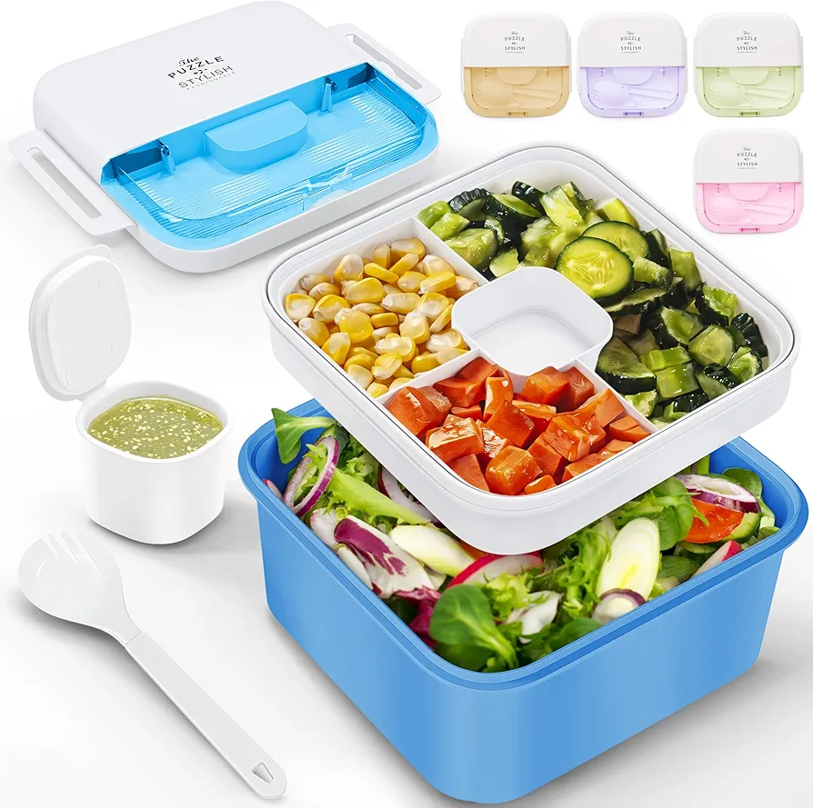 Earth&ME Bento Lunch Box For Adults Kids, 1100 Ml Bento Box Container With 2 Floors 3 Compartments, Leak-proof Sauce Container, Spork, Ideal Salad Container For Lunch For School, Office, Travel, Blue