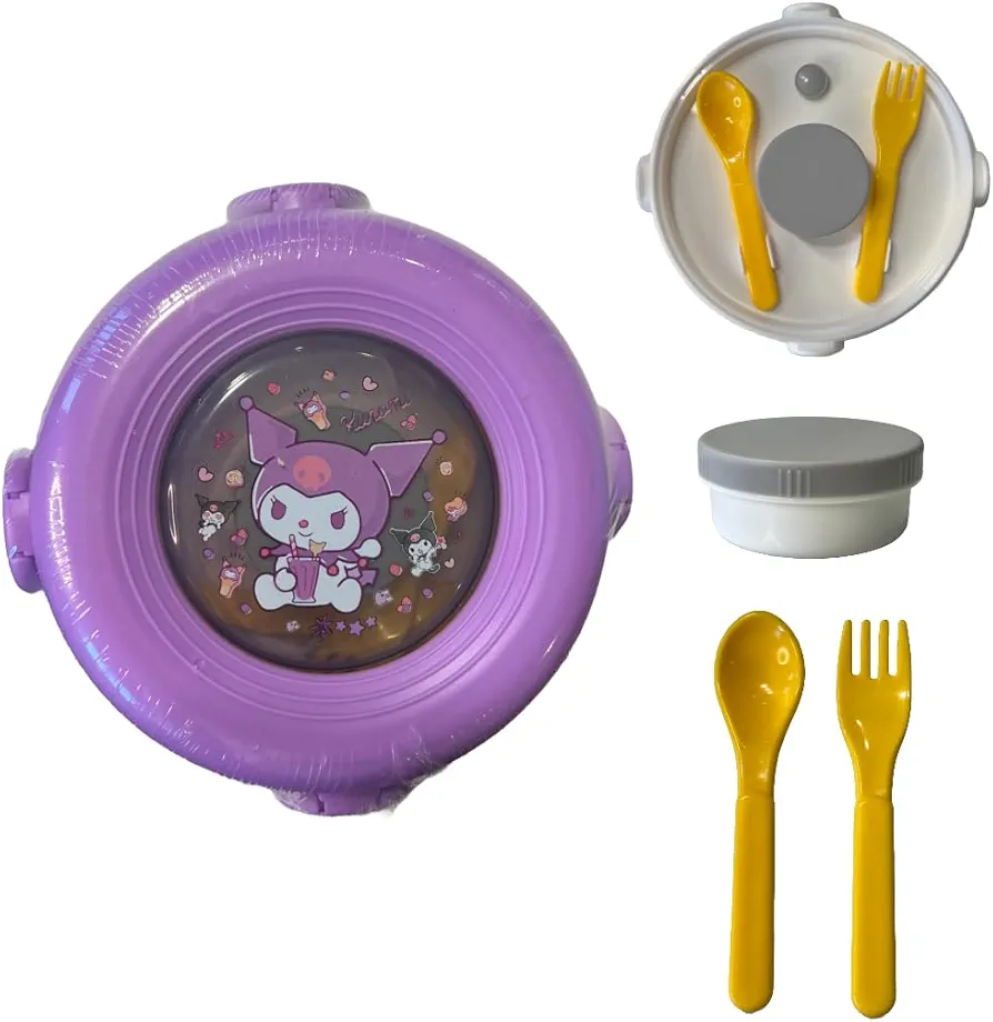 Bento Lunch Box Container Set with 3 Compartments Sauce Condiment Container Portable Personal Sealed Plastic Utensils Food Cute Kawaii Anime Kitty Bunny Dog (Purpleromi)