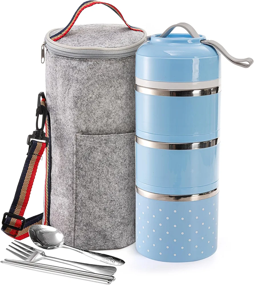 Tebery Stackable Thermal Lunch Box, 3 Tier Portable Insulated Bento Food Snack Container with Bag Cutlery Set, Leak-Proof Box for Picnic Meals
