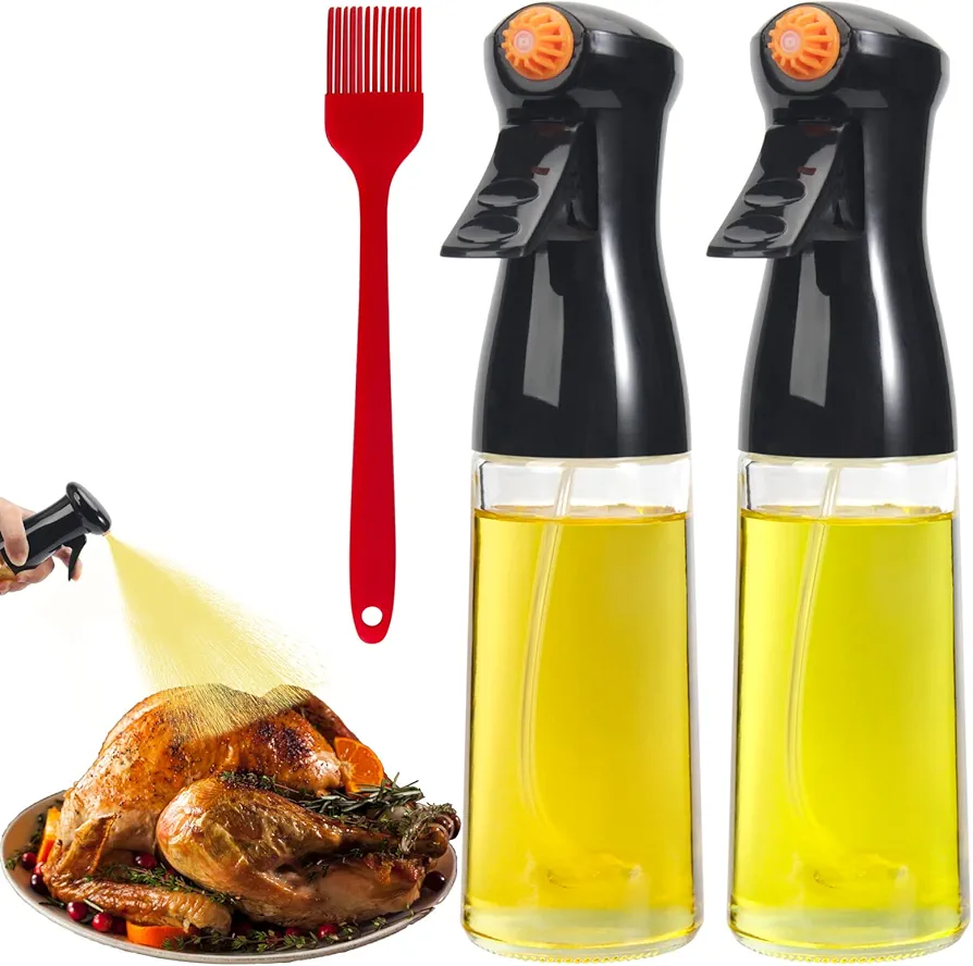 210ml Glasses Oil Sprayer - 2pcs Olive Oil Sprayer with Brush 7 OZ Oil Sprayer for Cooking Mist Oil Spray Bottle for Kitchen Air Fryer, Salad, Baking, Grilling, Frying, Black
