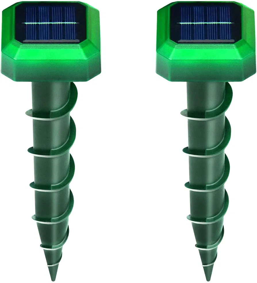2024 2 Pack Solar-Energy Mouse Repellent with Screw-Shape Stakes Outdoor, Ultrasonic Mole Repellent for Lawn, Yard, Farmland, Keep Voles, Chipmunks, Squirrels, Snakes, Armadillos, Groundhogs Away