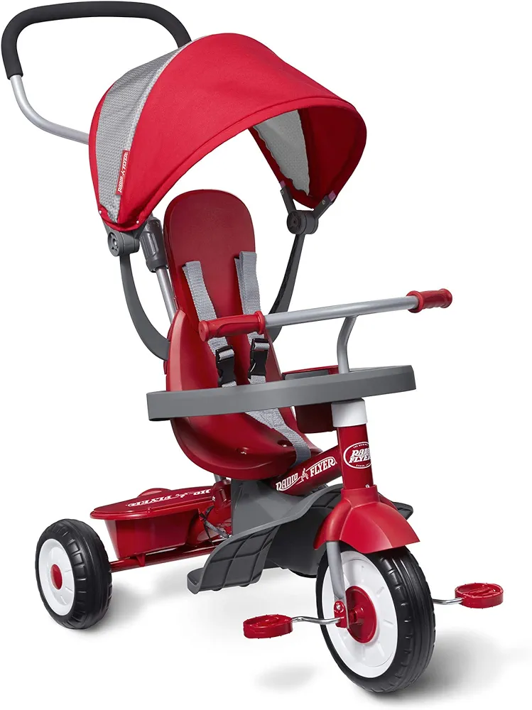 Radio Flyer EZ Fold 4 in 1 Stroll N Trike Versatile Infant Toddler Stroller Tricycle for Babies 9 Months to Children 5 Years Old, Red