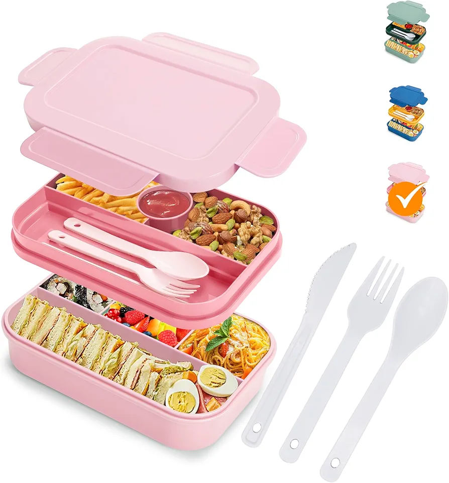 Bento Box Adult Lunch Box for Women - 2000ml Double Layer Leak-Proof, 4+4 Compartment, With Fork & Spoon, BPA Free, Microwave Dishwasher Safe (Pink)