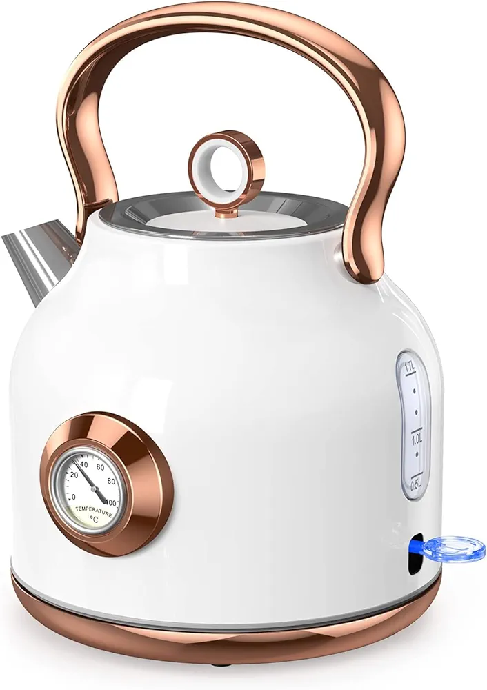 Retro Electric Kettle, 1.7L Stainless Steel Tea Kettle with Large Temperature Gauge, 1500W Fast Heating Hot Water Boiler with LED Indicator, Auto Shut-off & Boil-Dry Protection-Elegant White