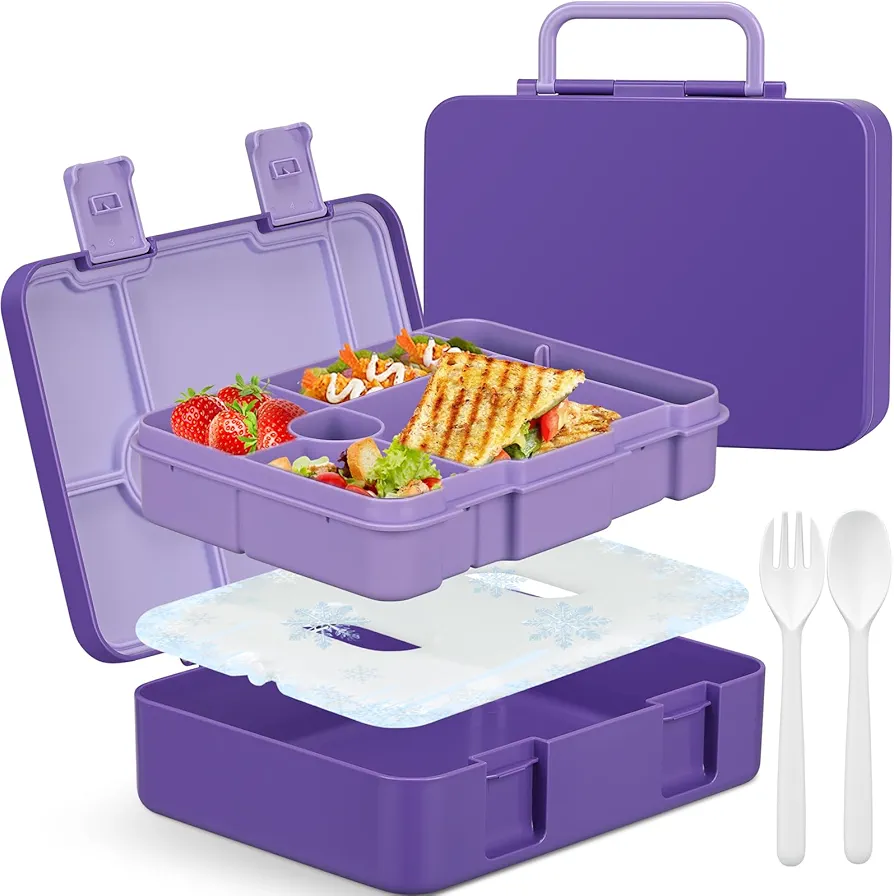 Bento Box for Kids, Chill Lunch Box with Reusable Ice Pack, Leak-proof 5-Compartment Bento Lunch Container with Portable Handle All Seasons (Purple)