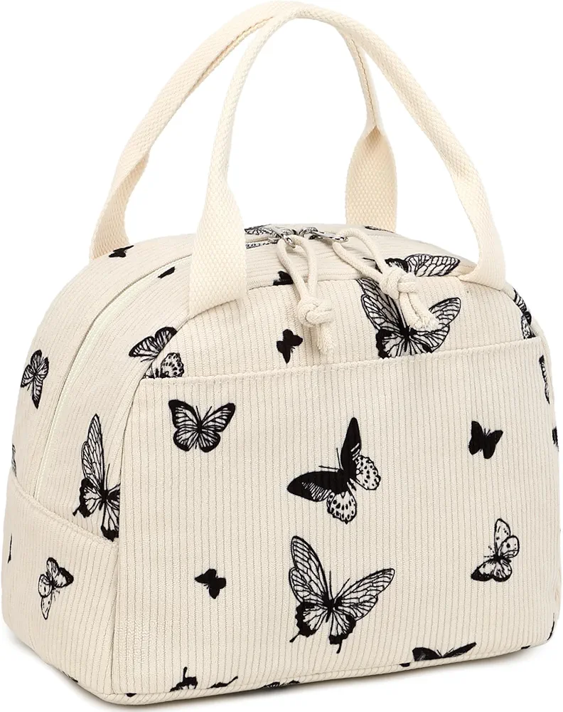 LEDAOU Lunch Box for Women Insulated Lunch Bag Corduroy Lunch Tote Bags Leakproof Cooler Lunch Case for Travel Work Picnic (Corduroy Beige-Butterfly)