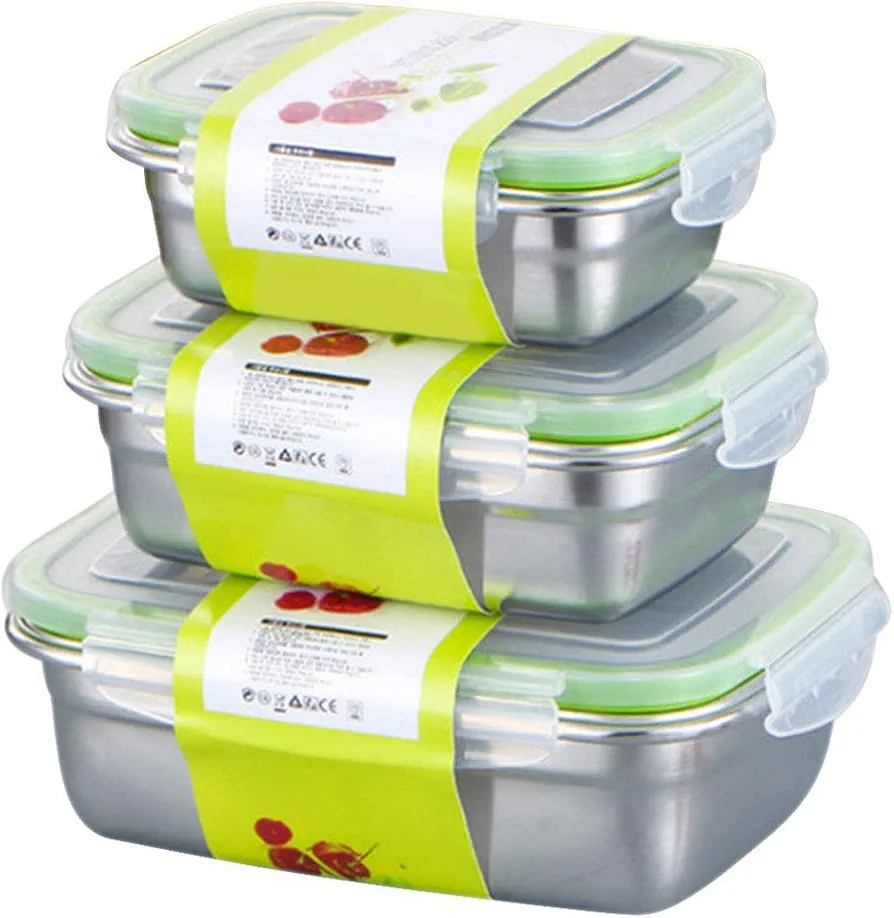 3 Pcs Airtight Bento Boxes, Stainless Steel Food Storage Containers with Lids, Leakproof Bento Lunch Box Containers, Stackable Snack Food Prep Containers for Kitchen Travel Picnic and Camping(#1)