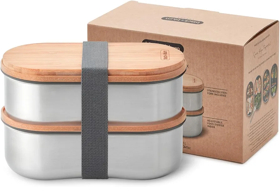 BLACK + BLUM Stainless Steel Bento Box | Plastic Free, Leak-Proof, 2-Compartment Lunch Box with Travel Fork and Bamboo Chopping Board Lid for Packing Healthy and Delicious Food | 34 oz / 1000 ml