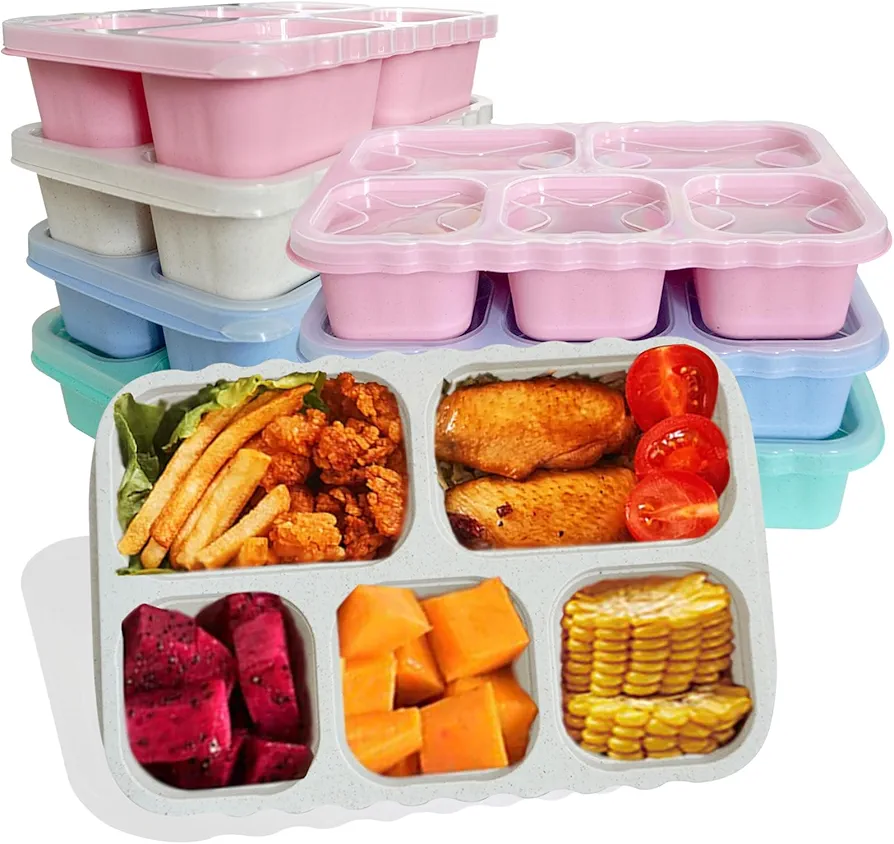 Bento Lunch Box 8 Pack, Meal Prep Containers Reusable 5 Compartment, Blue Pink Beige Green Snack Box Container, Wheat Straw Material Bento Box for Kids Adult