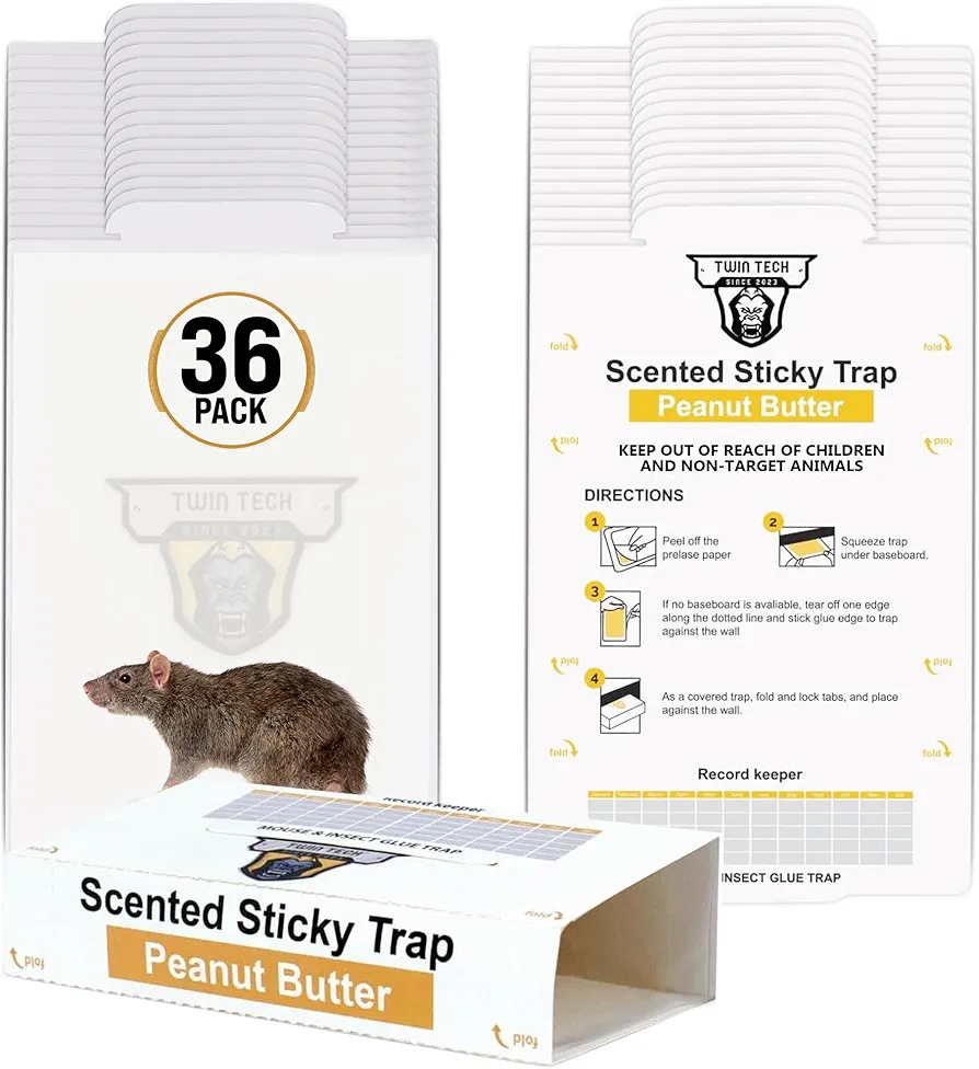 TwinTech Glue Traps for Mice - 36-Pack Pre-Baited Glue Boards for Mice - Extra Strength Sticky Mouse Traps Indoor for Home - Mice Glue Traps - Peanut Butter Scented Bug Glue Pads, Glue Mouse Traps