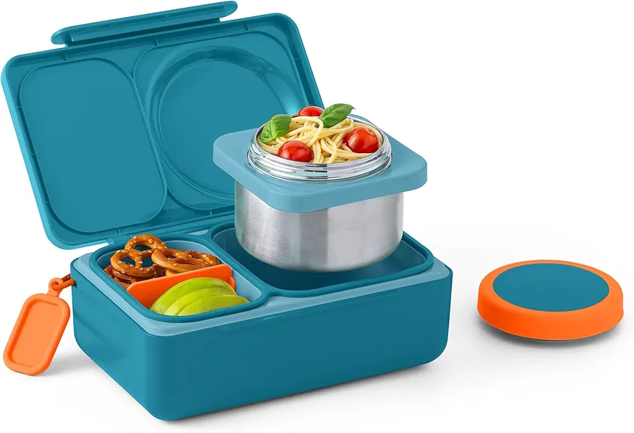 OmieBox UP bento box for kids | Insulated lunch box | Leak proof thermos food jar | Cooler ice pack | 2 Compartments (Teal Green)