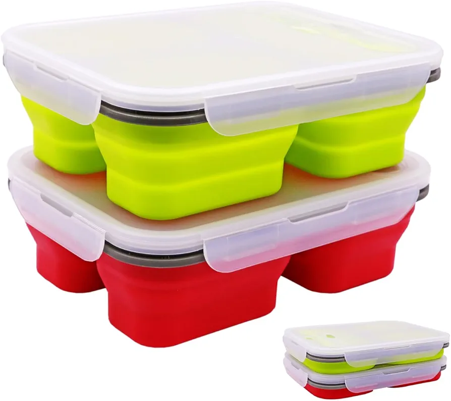 2 Pack Big Size Collapsible Silicone Bento Lunch Boxes With Lids,3 Compartments Lunch Food Storage Containers, Safe in Microwave, Dishwasher and Freezer, 45.6oz, BPA Free