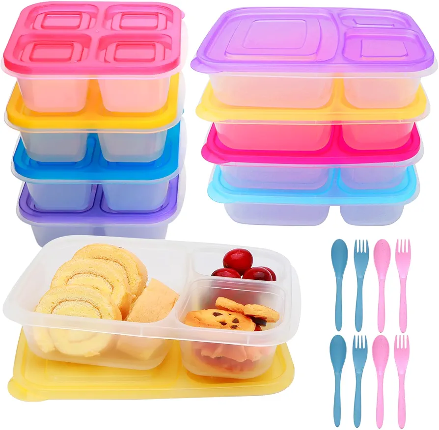 Bento Lunch Box,Reusable Lunchable Containers,3 Compartment and 4 Compartment Plastic Snack Containers,Lunch Box,Snack Box,BPA-Free Lunch Container for Travel,Office,Picnic,Set of 8