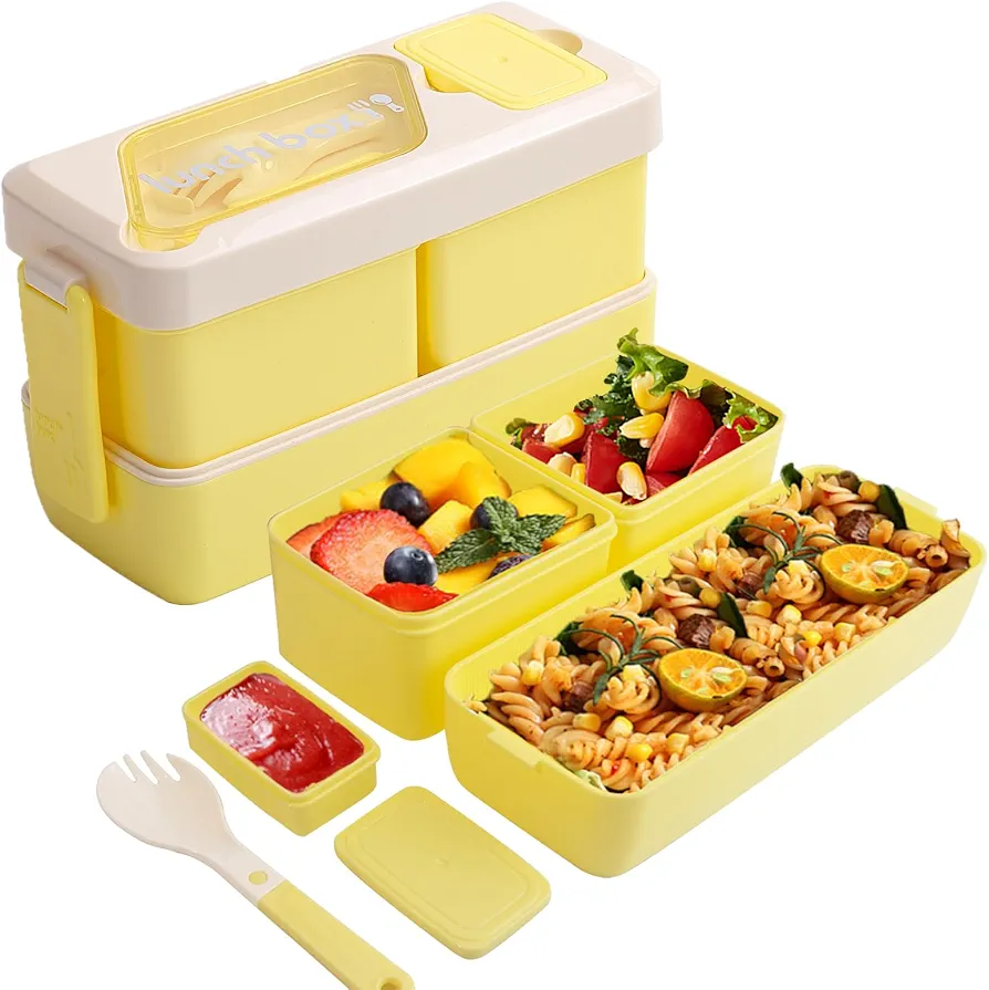 Bento Box,1100 ML Lunch Box Containers Reusable for Kids & Adults,Large Capacity Double Layer Stacking with Spoon & Dip Box,Durable Perfect Size for On-the-Go Meal Prep,Food-Safe Materials
