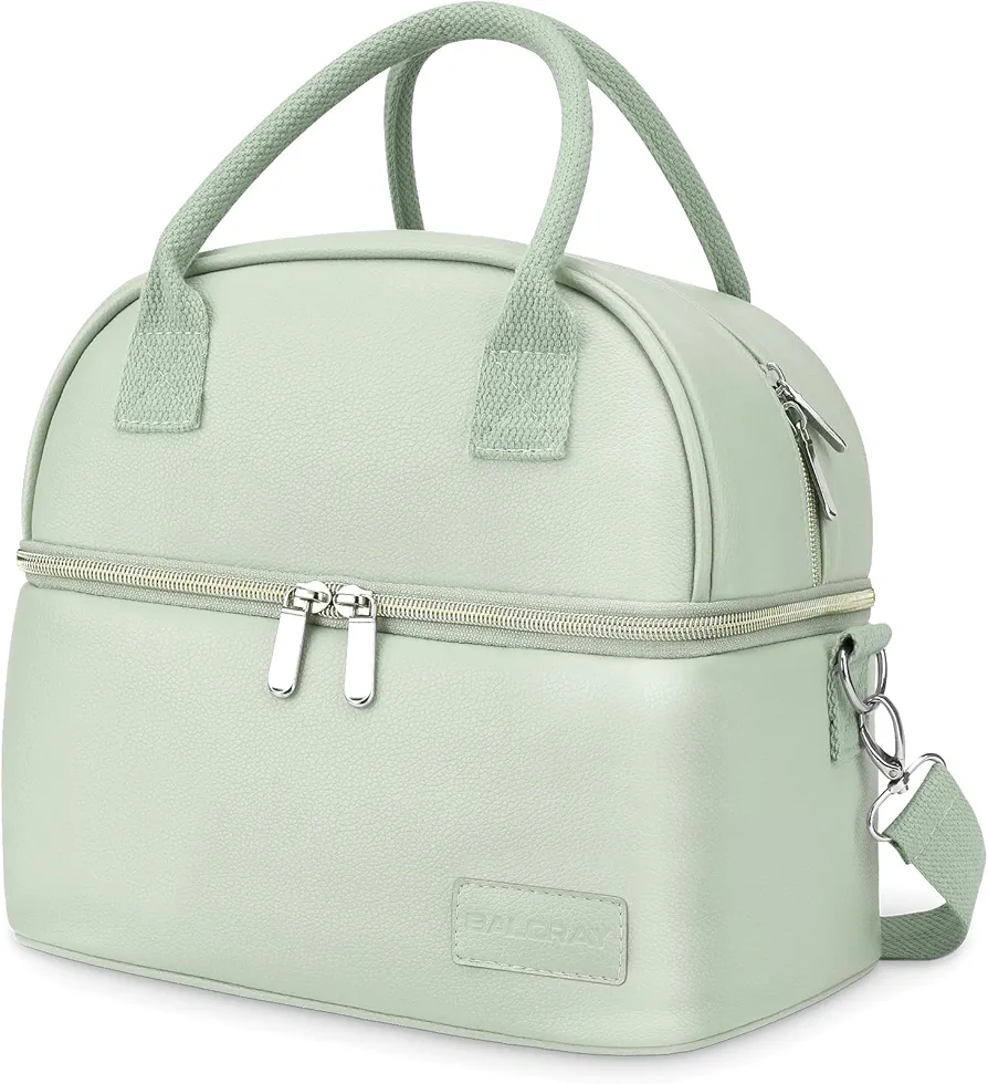 BALORAY Lunch Bag for Women Men, Double Deck Lunch Box for Adults, PU Leather Lunch Tote Bag Insulated Lunch Bags with Strap for Work Office Picnic