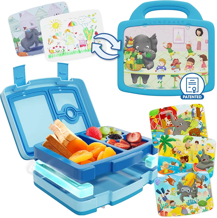 Customizable Removable Placemat Insert Accessory Lunch Box for Kids - Insulated Bento Lunch Box with Art Inserts and Cooler Compartment for Ice Packs - Mess-Free Lunch Containers - Blue