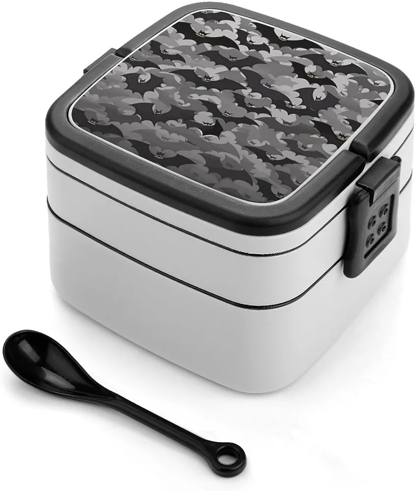 Bento Box Stackable Lunch Box with 2 Compartments Leak-Proof Food Storage Containers Halloween Bats Grey Bento Lunch Box for Adults Lunch Containers with Utensil Set, Black