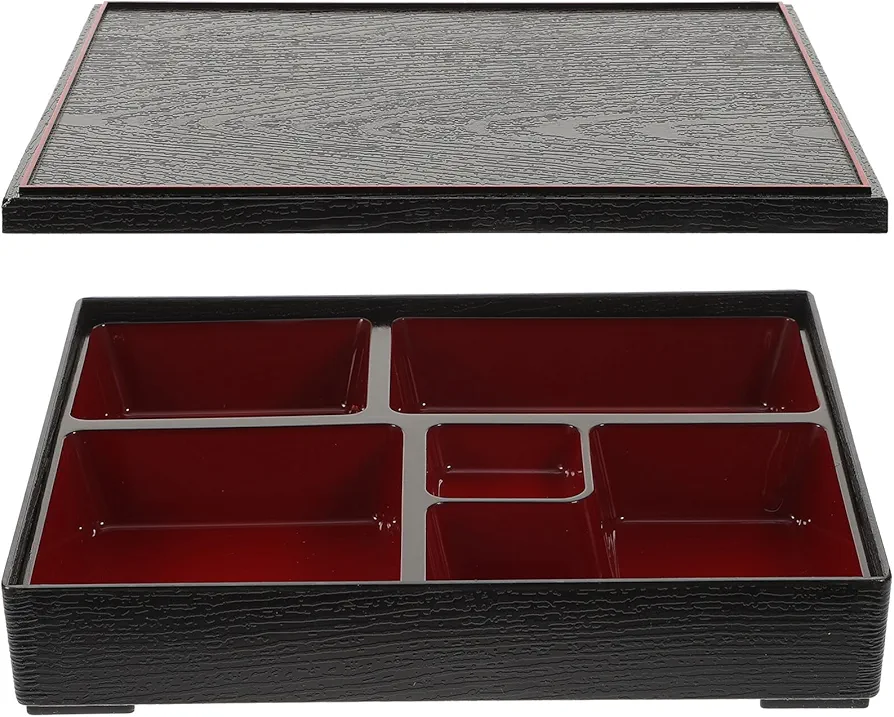 Healvian Japanese Sushi Tray 1 Pc Lunch Box Sushi Box Japanese Style Lunch Box Meal Prep Containers Bento Box with Wood Grain Cover, Black Sushi Container