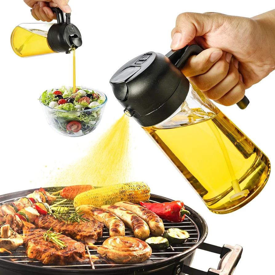 Olive Oil Dispenser Bottle for Kitchen, 2 in 1 Oil Dispenser and Oil Sprayer, 17OZ Glass Oil Bottles for Cooking, Air Fryer,Salad, BBQ