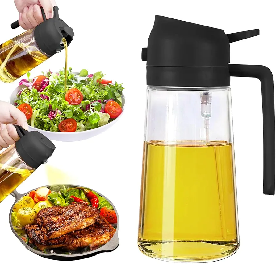 2 in 1 Oil Dispenser and Oil Sprayer, 16oz Oil Sprayer for Kitchen, Olive Oil Dispenser and Oil Sprayer, 470ml Oil Sprayer for Cooking, Air Fryer, Salad, Frying, BBQ (Black)