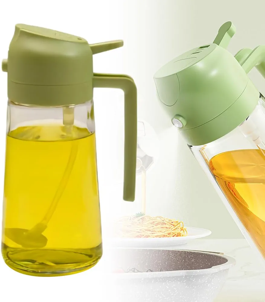 AIIONP 2 in 1 Glass Oil Sprayer & Dispenser, Premium Large 600ml/20Oz Olive Oil Dispenser Bottle for Kitchen, Food-grade Oil Spray Bottle for Cooking, Air Fryer, Frying, BBQ (Green-600)